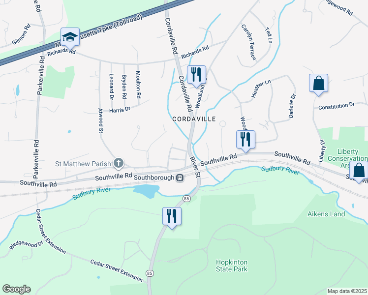 map of restaurants, bars, coffee shops, grocery stores, and more near 275 Cordaville Road in Southborough