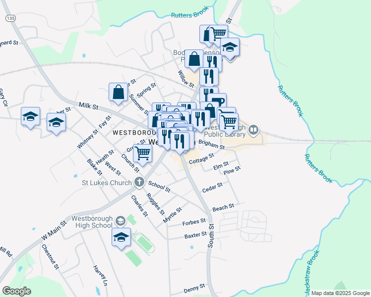 map of restaurants, bars, coffee shops, grocery stores, and more near 40 South Street in Westborough