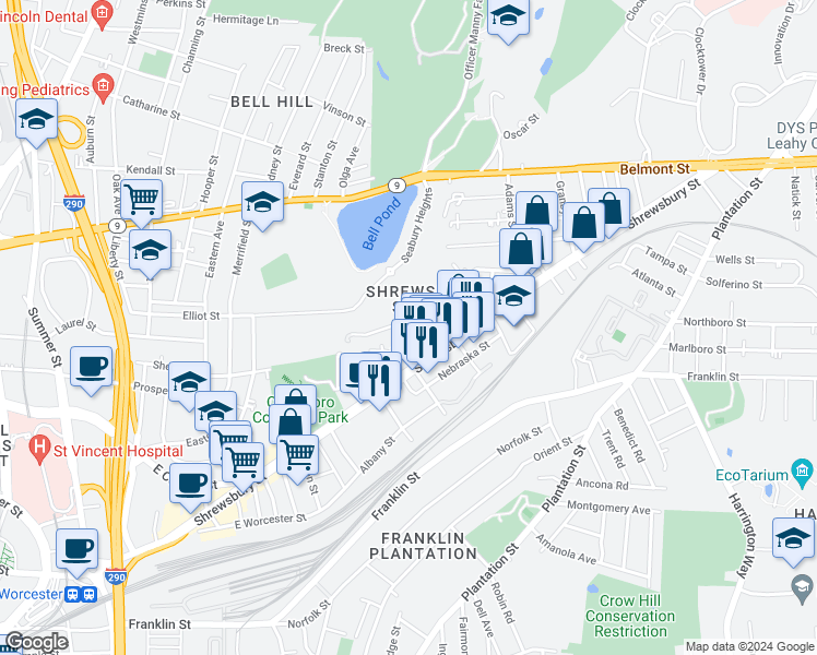 map of restaurants, bars, coffee shops, grocery stores, and more near 9 Wilson Street in Worcester