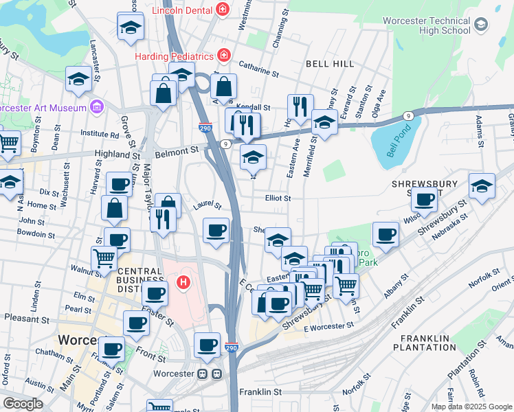 map of restaurants, bars, coffee shops, grocery stores, and more near 57 Laurel Street in Worcester