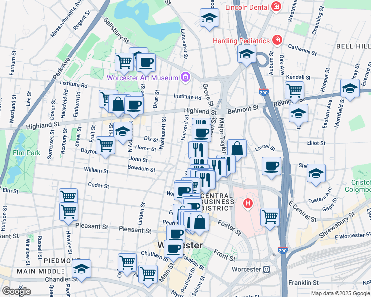 map of restaurants, bars, coffee shops, grocery stores, and more near 18 Harvard Street in Worcester