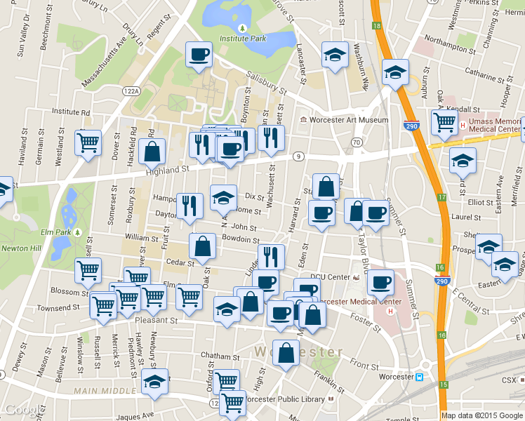 map of restaurants, bars, coffee shops, grocery stores, and more near 4 Wesby Street in Worcester