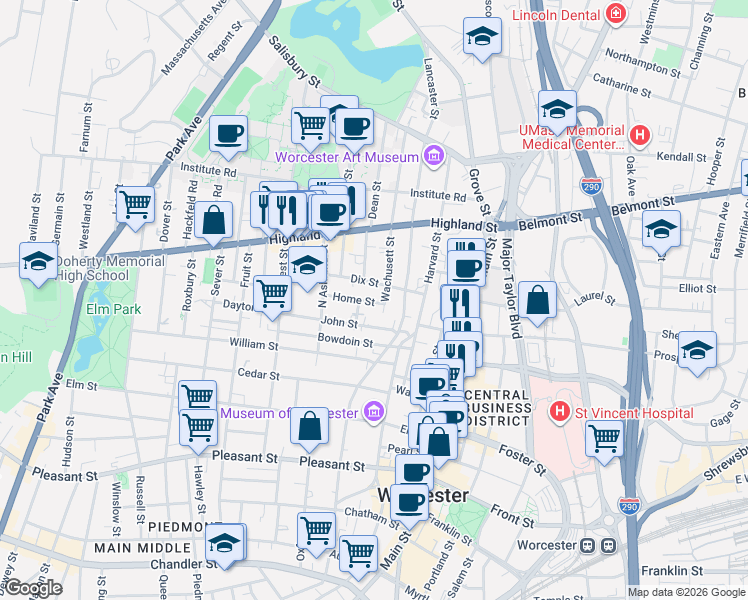 map of restaurants, bars, coffee shops, grocery stores, and more near 4 Wesby Street in Worcester