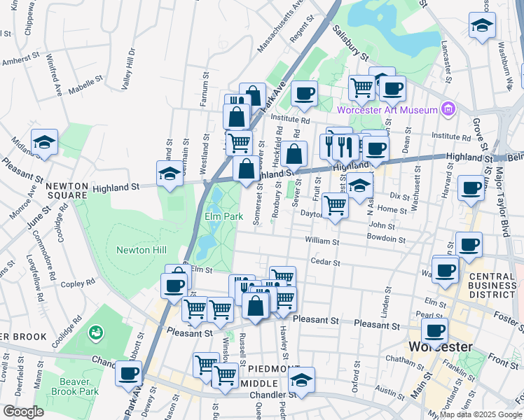 map of restaurants, bars, coffee shops, grocery stores, and more near 7 Somerset Street in Worcester