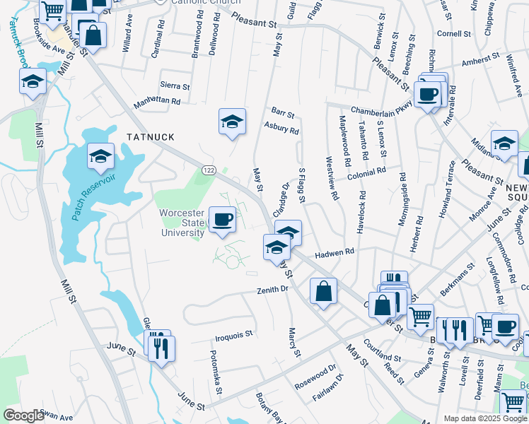 map of restaurants, bars, coffee shops, grocery stores, and more near in Worcester