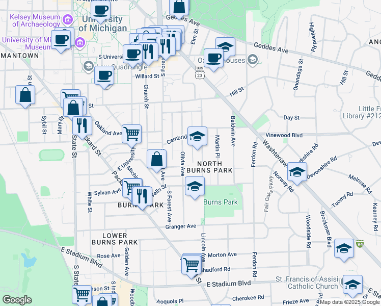 map of restaurants, bars, coffee shops, grocery stores, and more near 1040 Olivia Avenue in Ann Arbor