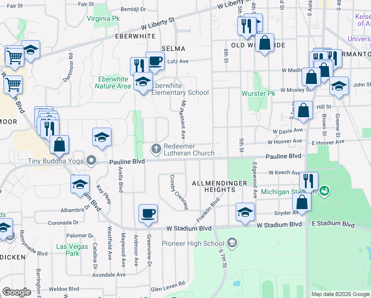 map of restaurants, bars, coffee shops, grocery stores, and more near 922 Pauline Boulevard in Ann Arbor