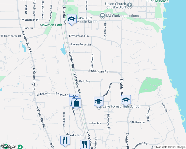 map of restaurants, bars, coffee shops, grocery stores, and more near 220 Park Avenue in Lake Forest
