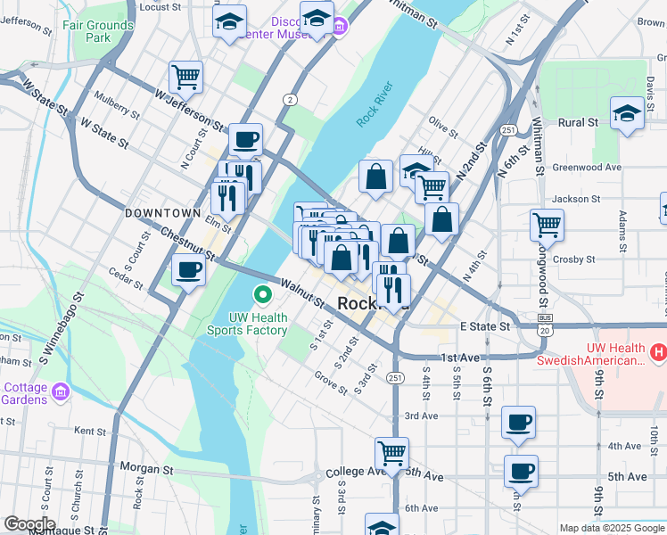 map of restaurants, bars, coffee shops, grocery stores, and more near 313 East State Street in Rockford