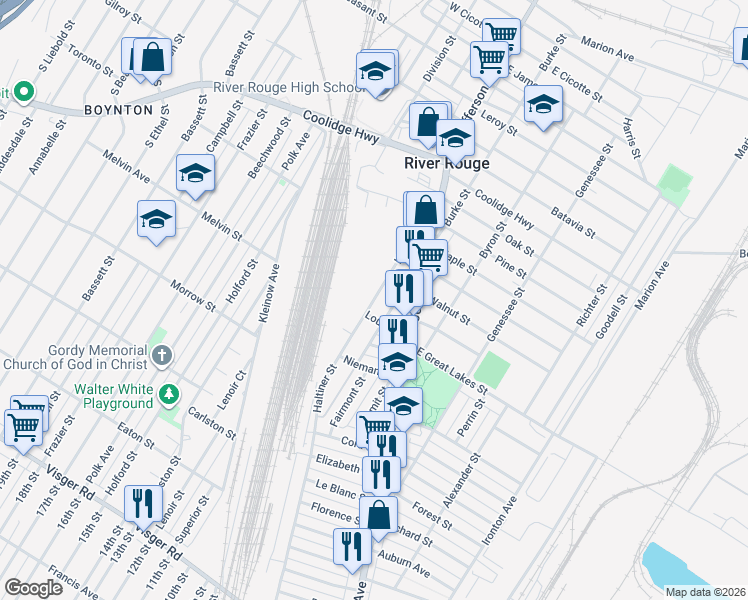 map of restaurants, bars, coffee shops, grocery stores, and more near 127 Haltiner Street in River Rouge