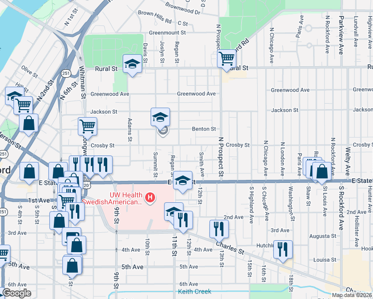 map of restaurants, bars, coffee shops, grocery stores, and more near 207 Regan Street in Rockford
