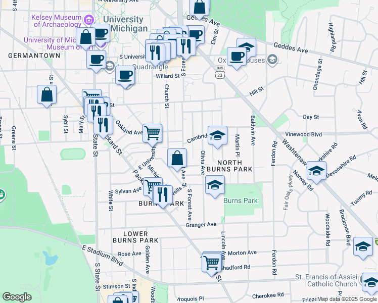 map of restaurants, bars, coffee shops, grocery stores, and more near 1027 South Forest Avenue in Ann Arbor