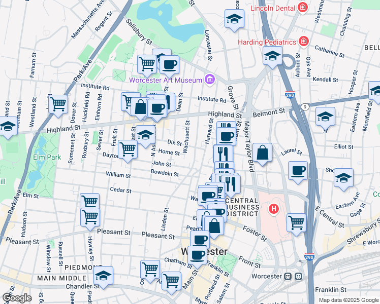 map of restaurants, bars, coffee shops, grocery stores, and more near 6 Wachusett Street in Worcester