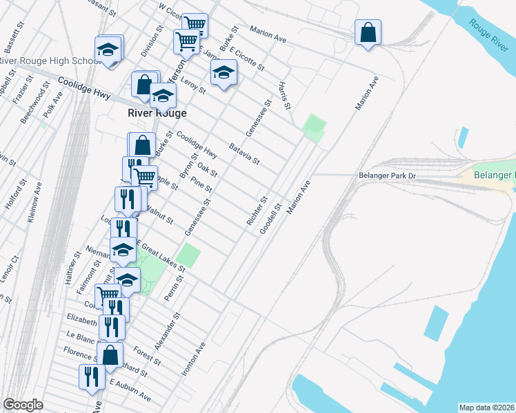 map of restaurants, bars, coffee shops, grocery stores, and more near 253 Richter Street in River Rouge