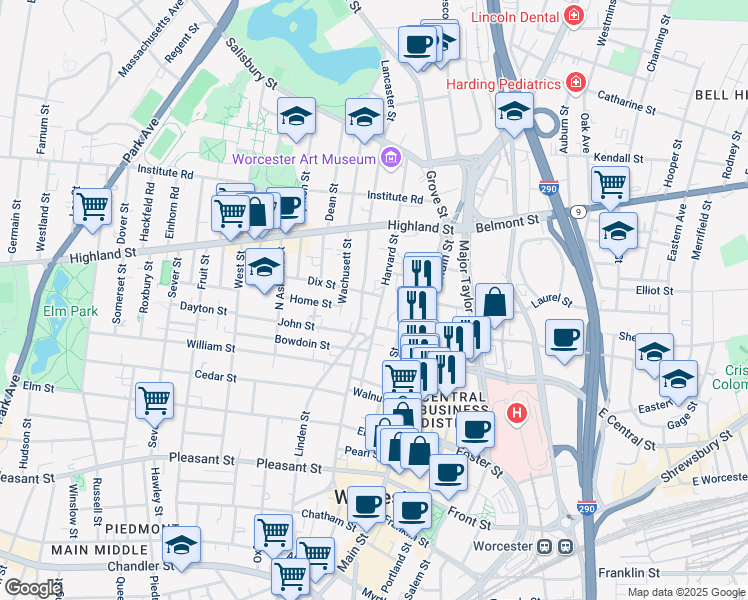 map of restaurants, bars, coffee shops, grocery stores, and more near 25 Harvard Street in Worcester