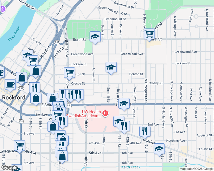 map of restaurants, bars, coffee shops, grocery stores, and more near 224 Summit Street in Rockford