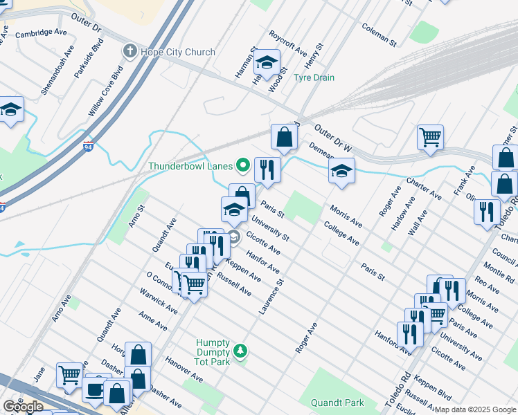 map of restaurants, bars, coffee shops, grocery stores, and more near 15275 University Street in Allen Park