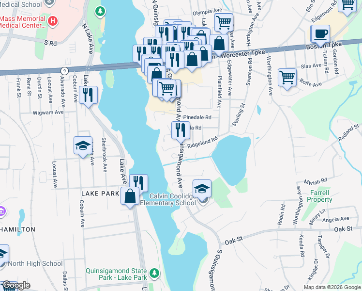 map of restaurants, bars, coffee shops, grocery stores, and more near 76 South Quinsigamond Avenue in Shrewsbury
