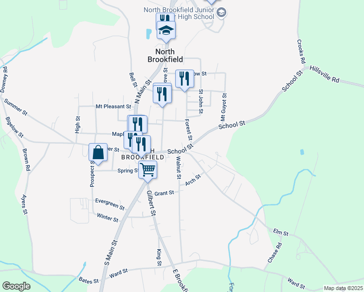 map of restaurants, bars, coffee shops, grocery stores, and more near 8 Elm Street in North Brookfield