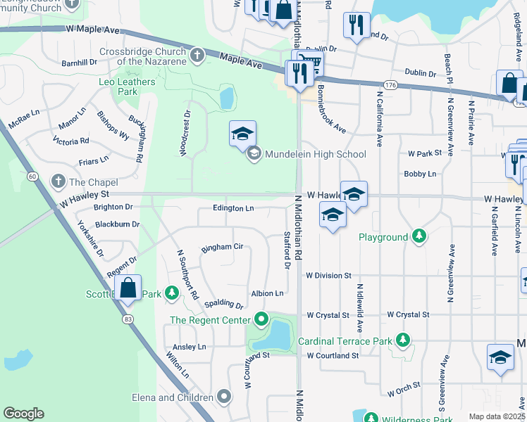 map of restaurants, bars, coffee shops, grocery stores, and more near 1292 Regent Drive in Mundelein
