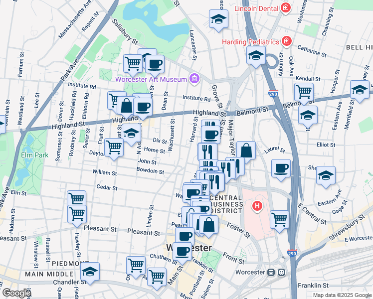 map of restaurants, bars, coffee shops, grocery stores, and more near 25 Harvard Street in Worcester