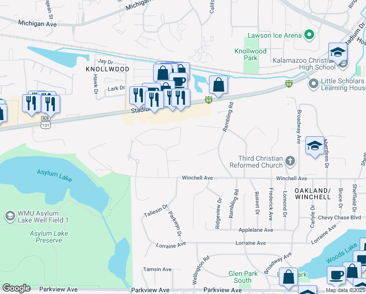 map of restaurants, bars, coffee shops, grocery stores, and more near 3210 Magnolia Circle in Kalamazoo