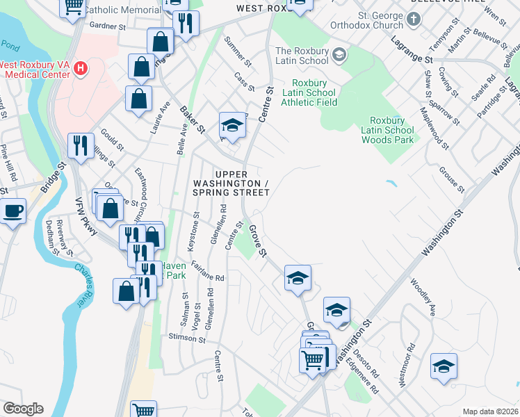 map of restaurants, bars, coffee shops, grocery stores, and more near 34 Grove Street in Boston