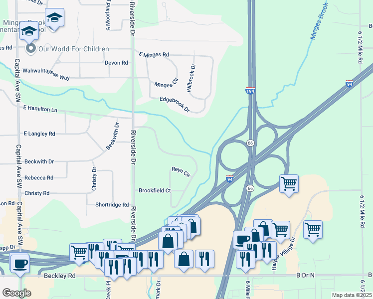 map of restaurants, bars, coffee shops, grocery stores, and more near 488 East Hamilton Lane in Battle Creek