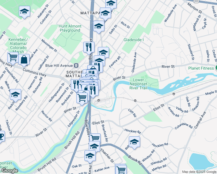 map of restaurants, bars, coffee shops, grocery stores, and more near 430 River Street in Boston