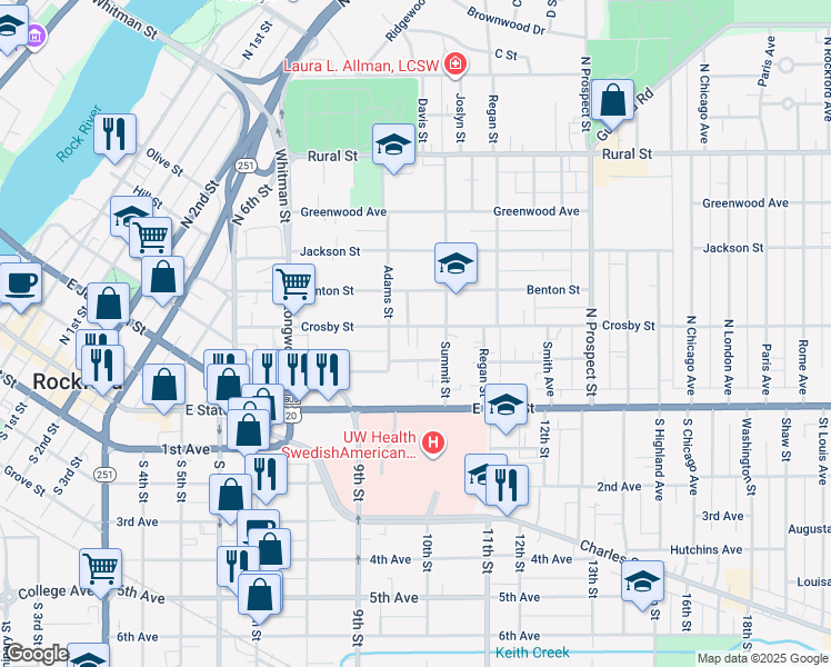 map of restaurants, bars, coffee shops, grocery stores, and more near 1319 Crosby Street in Rockford