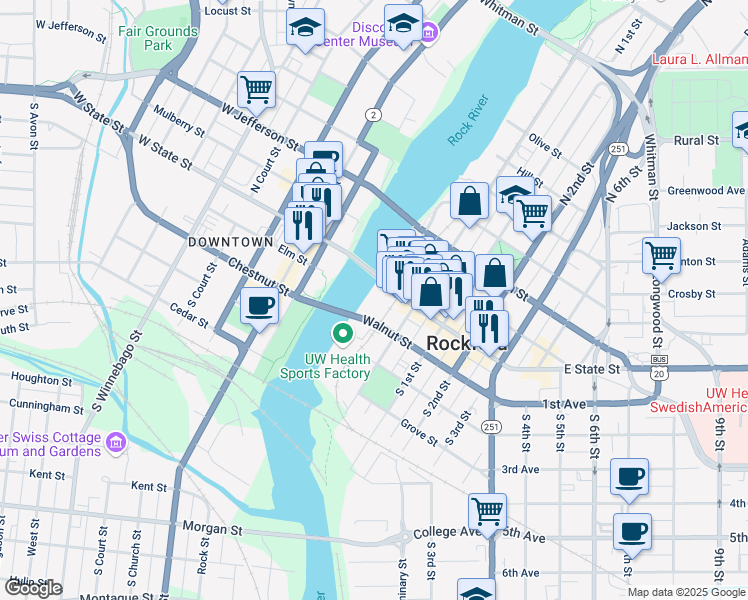 map of restaurants, bars, coffee shops, grocery stores, and more near 99 East State Street in Rockford