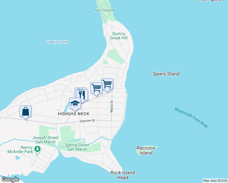 map of restaurants, bars, coffee shops, grocery stores, and more near 54 Wall Street in Quincy