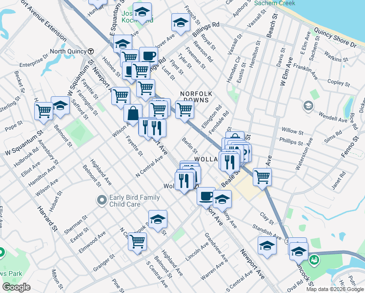 map of restaurants, bars, coffee shops, grocery stores, and more near 21 Weston Avenue in Quincy