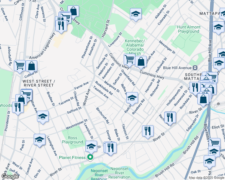 map of restaurants, bars, coffee shops, grocery stores, and more near 85 Ruskindale Road in Boston