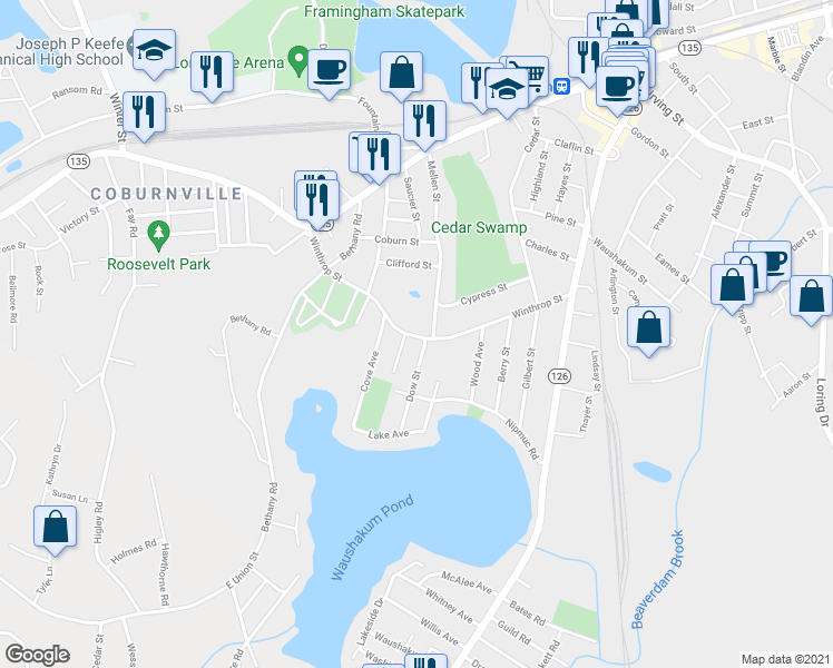 map of restaurants, bars, coffee shops, grocery stores, and more near 9 Dow Street in Framingham