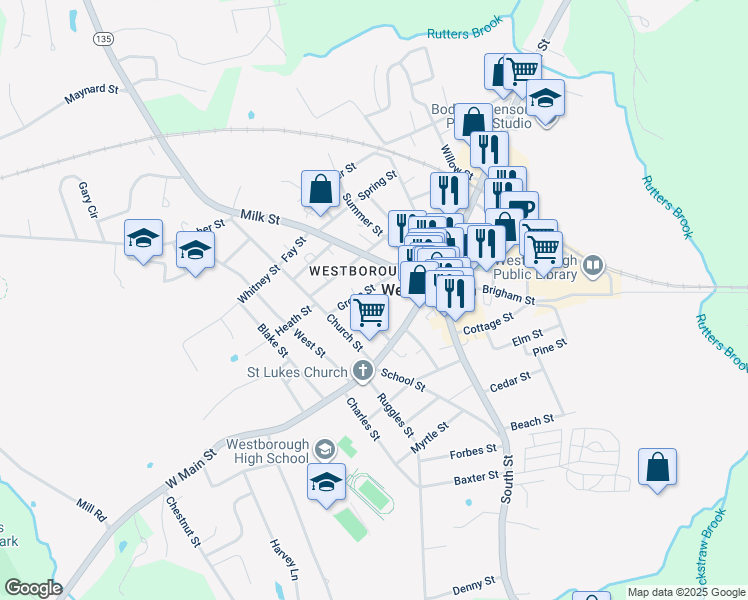 map of restaurants, bars, coffee shops, grocery stores, and more near 13 Parkman Street in Westborough