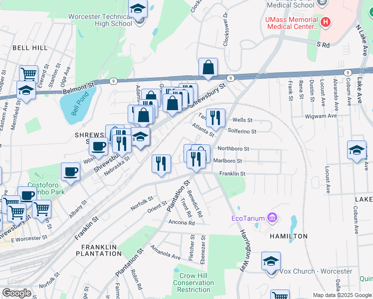 map of restaurants, bars, coffee shops, grocery stores, and more near 285 Plantation Street in Worcester