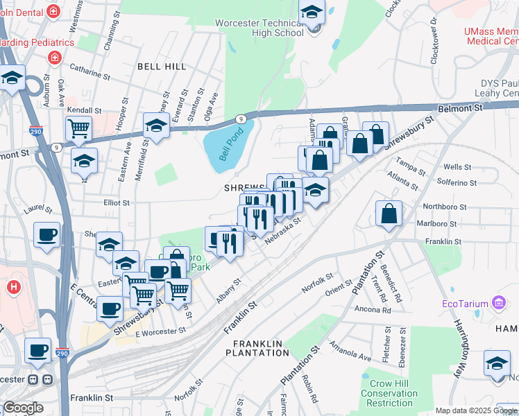 map of restaurants, bars, coffee shops, grocery stores, and more near 288 Shrewsbury Street in Worcester