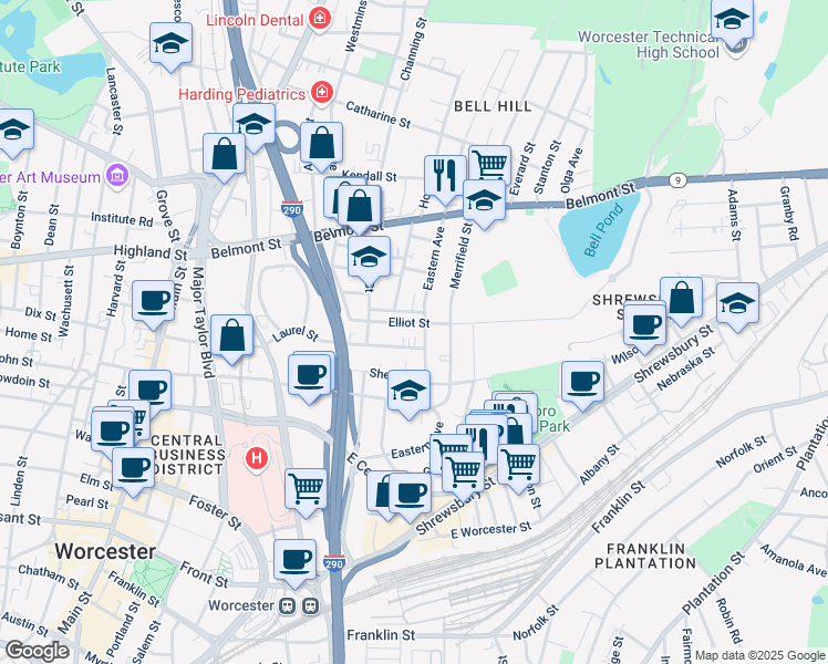map of restaurants, bars, coffee shops, grocery stores, and more near 67 Eastern Avenue in Worcester