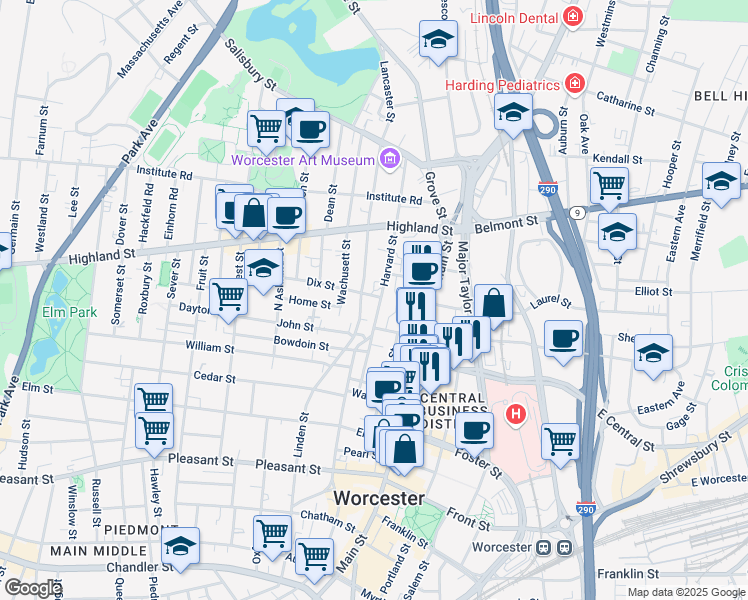 map of restaurants, bars, coffee shops, grocery stores, and more near 18 Harvard Street in Worcester