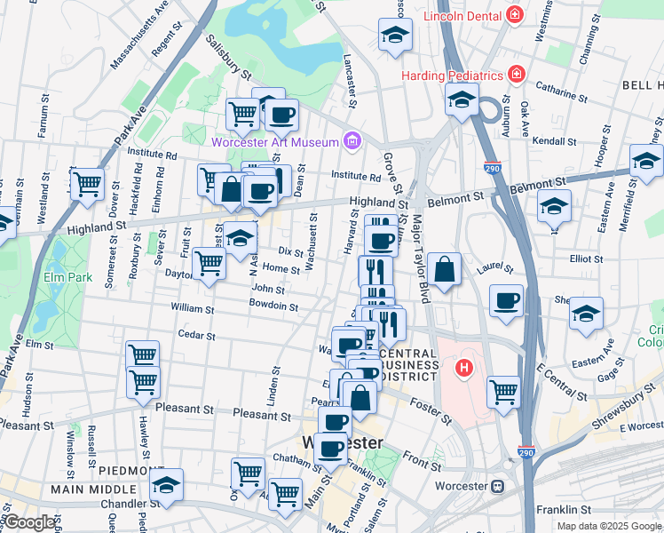 map of restaurants, bars, coffee shops, grocery stores, and more near 6 Wachusett Street in Worcester