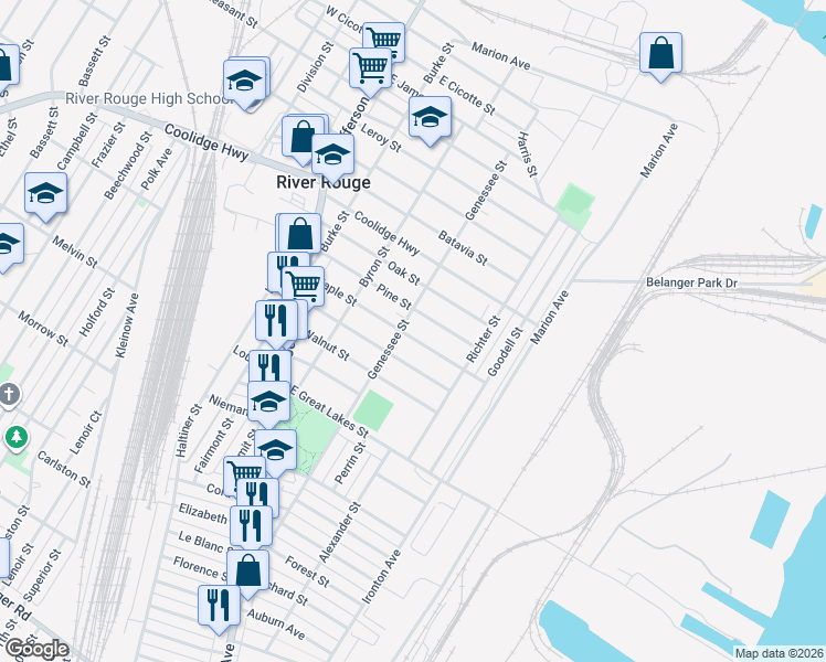 map of restaurants, bars, coffee shops, grocery stores, and more near 107 Elm Street in River Rouge