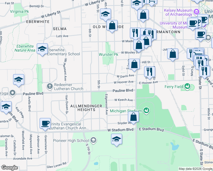 map of restaurants, bars, coffee shops, grocery stores, and more near in Ann Arbor