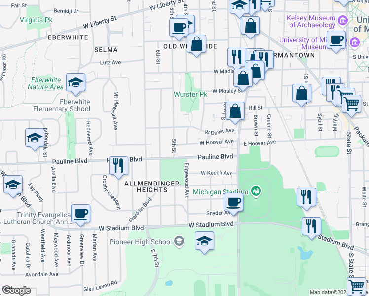 map of restaurants, bars, coffee shops, grocery stores, and more near 630 Pauline Boulevard in Ann Arbor