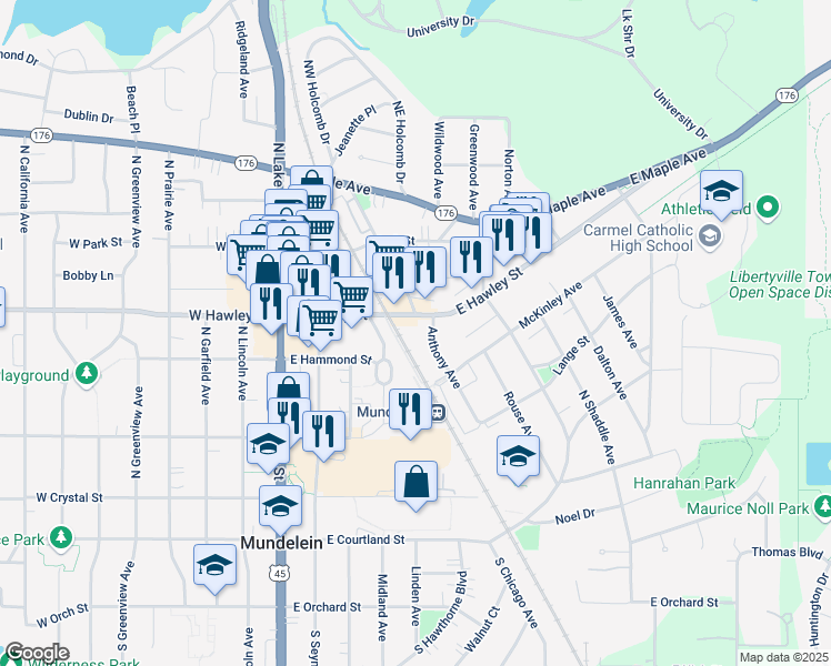 map of restaurants, bars, coffee shops, grocery stores, and more near 300 Anthony Avenue in Mundelein
