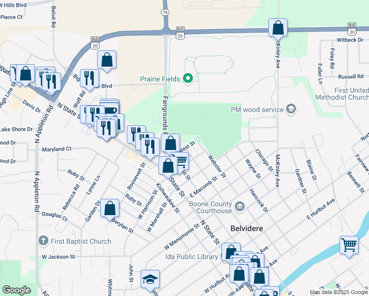 map of restaurants, bars, coffee shops, grocery stores, and more near 220 East Harrison Street in Belvidere