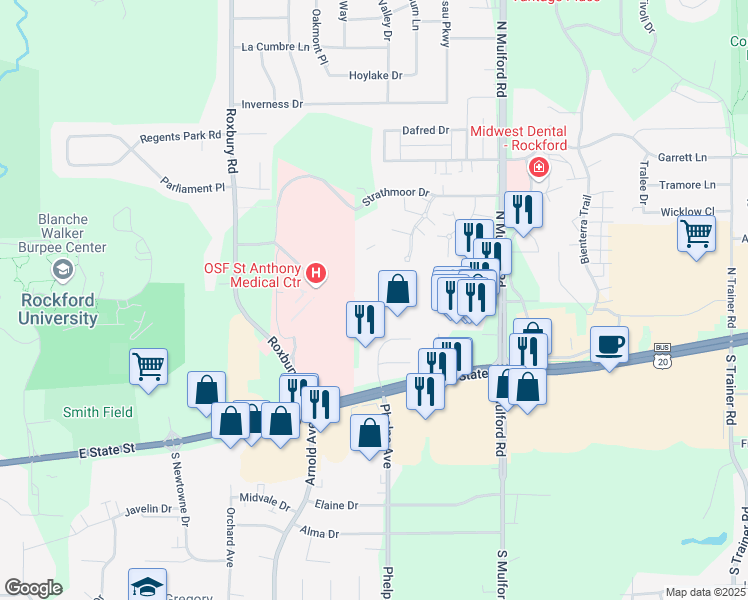 map of restaurants, bars, coffee shops, grocery stores, and more near 5601-5695 Strathmoor Dr in Rockford