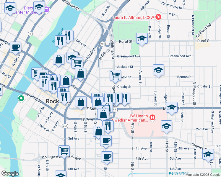 map of restaurants, bars, coffee shops, grocery stores, and more near 1034 Spafford Avenue in Rockford