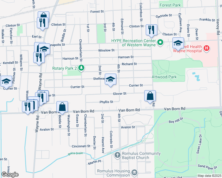 map of restaurants, bars, coffee shops, grocery stores, and more near 5400 4th Street in Wayne