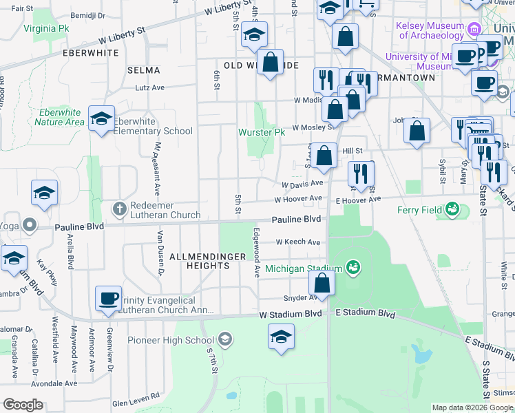 map of restaurants, bars, coffee shops, grocery stores, and more near in Ann Arbor